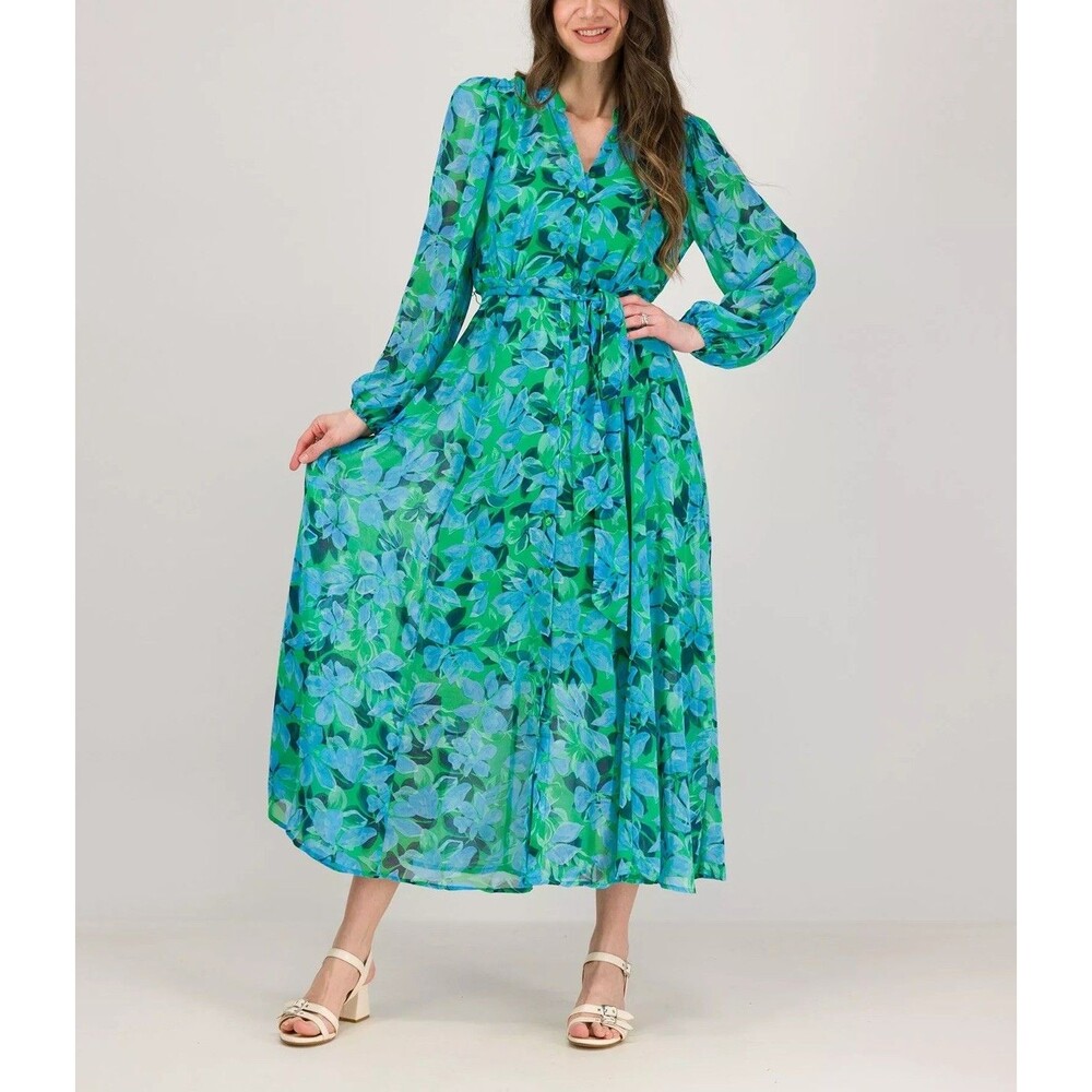 Nina Leonard L Green Blue Floral Collared Belted Chiffon Maxi Dress Vacation